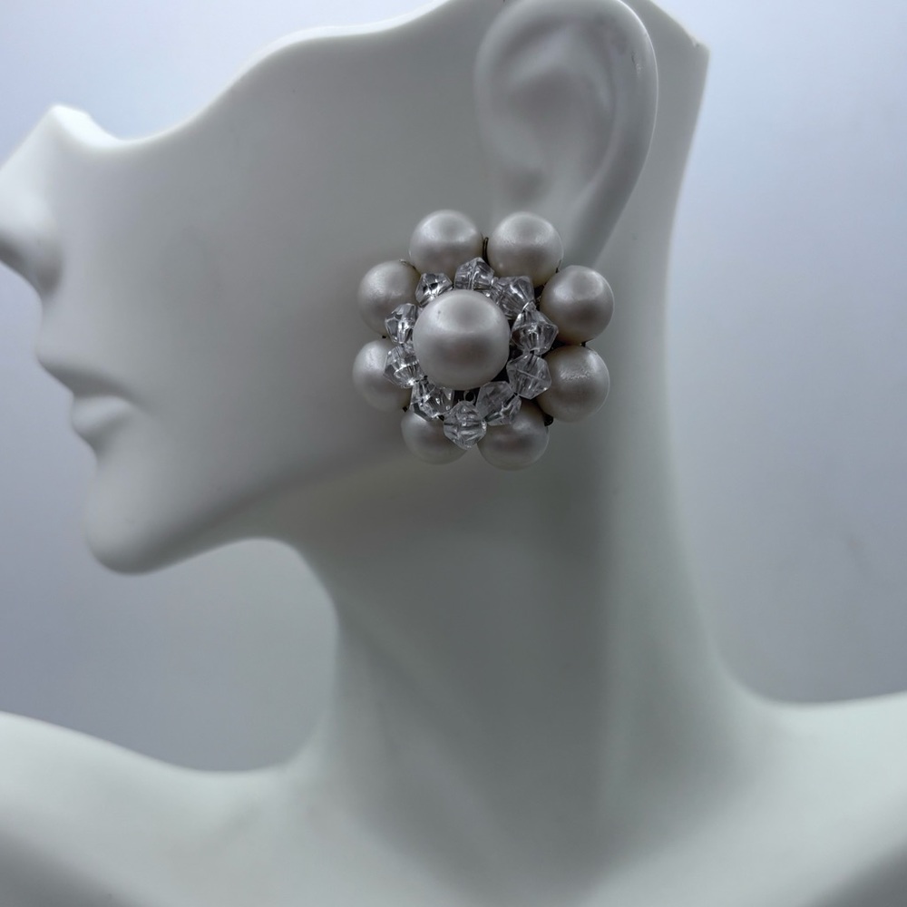Vintage GERMANY Pearl & Crystal Cluster Clip-On Earrings - Mid-Century Floral